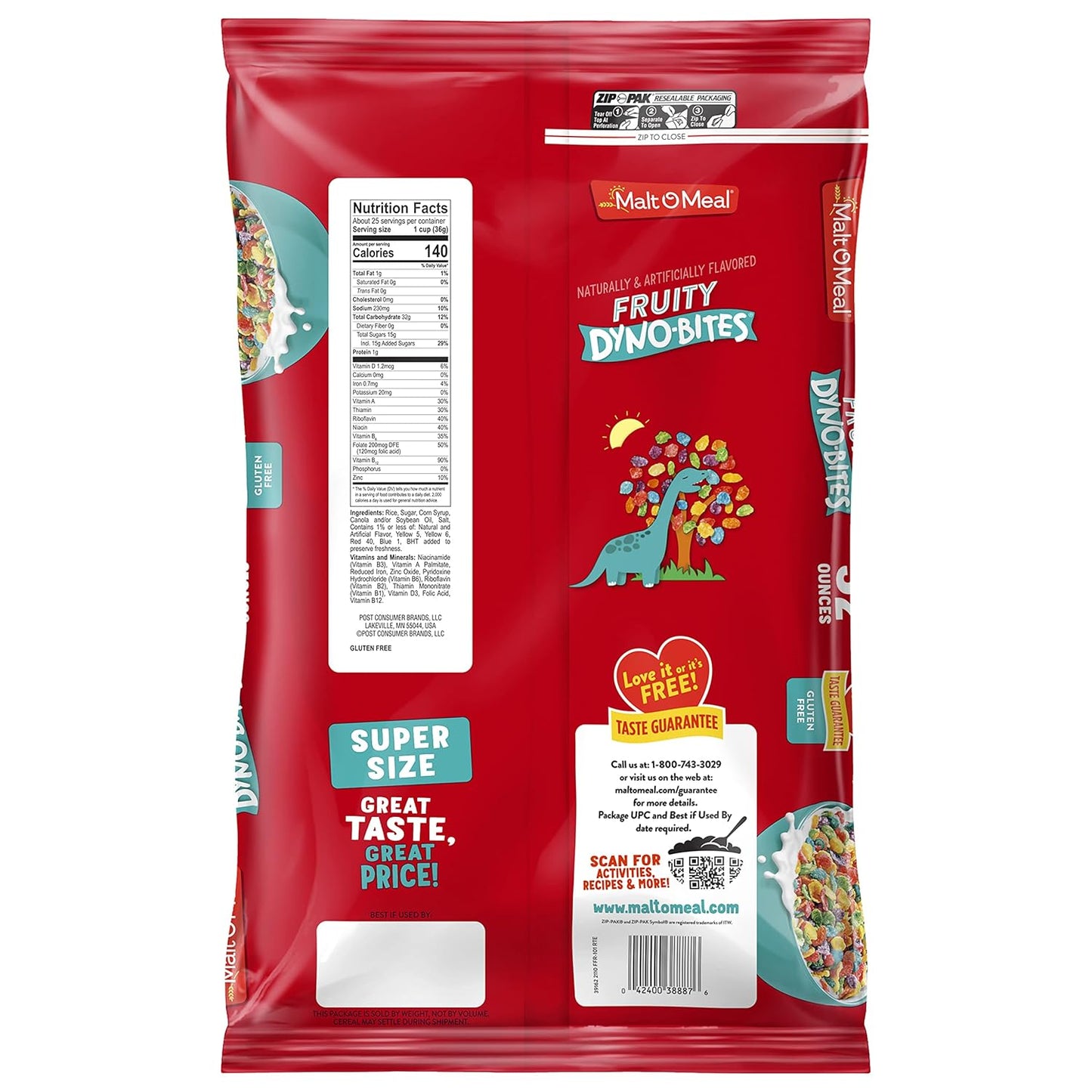 Malt-O-Meal Fruity Dyno Bites Cereal, Gluten Free Wellness Pantry Staple for Sensitive Diets, 32 OZ Resealable Bag