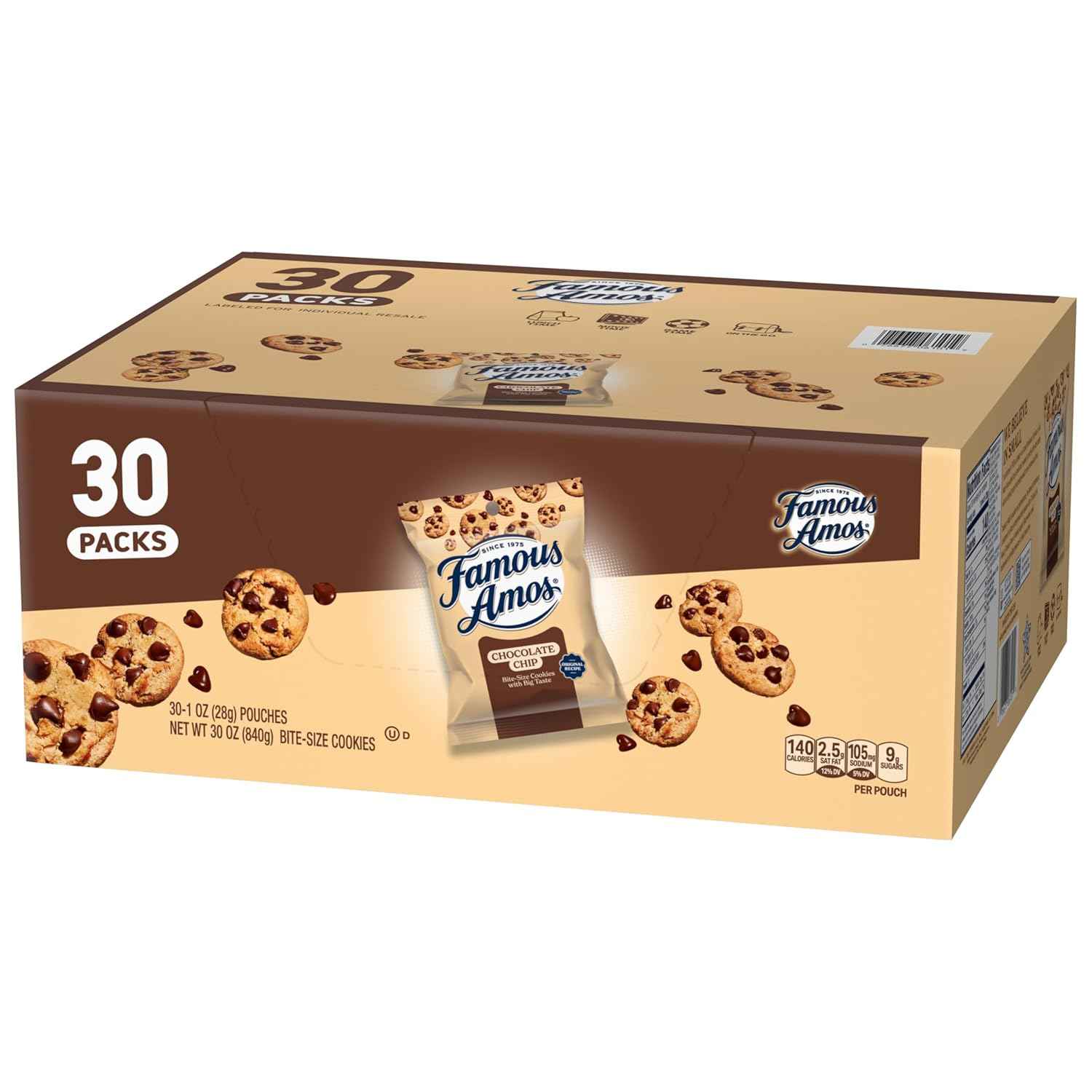 Famous Amos Bite-Size Chocolate Chip Cookies, 30 Count Single-Serve Packs for Halloween Treats and Holiday Gifting