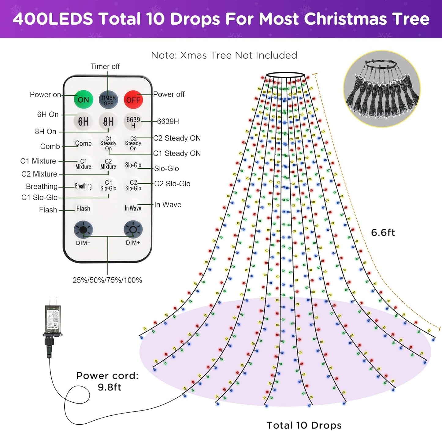Marchpower Christmas Tree Lights – Cozy Living Room Aesthetic, Diamond-Cut Color-Changing Tree Lights with 4 Brightness Levels