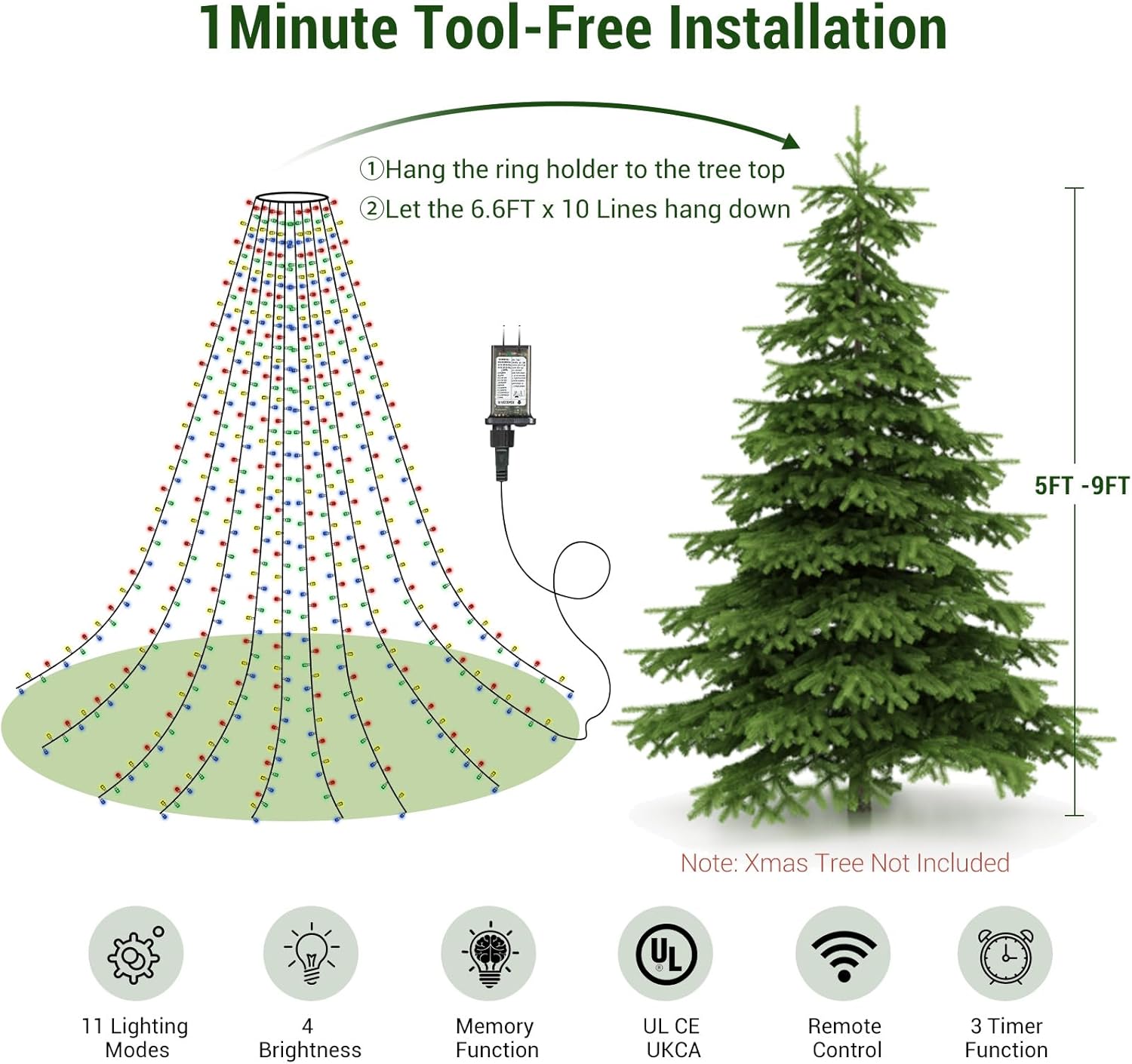 Marchpower Christmas Tree Lights – Cozy Living Room Aesthetic, Diamond-Cut Color-Changing Tree Lights with 4 Brightness Levels