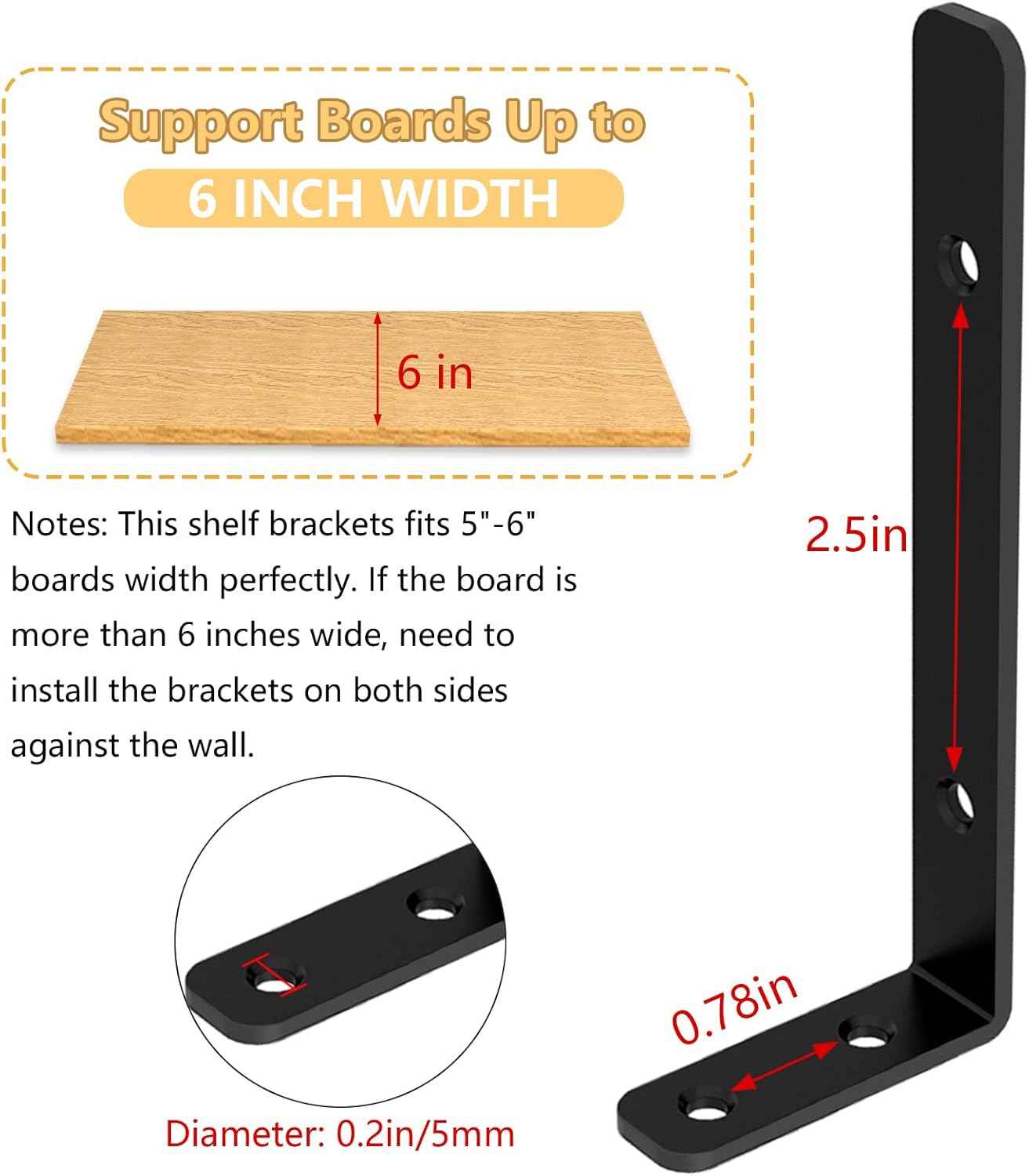 LSK Heavy-Duty L Brackets for Floating Shelves — DIY Woodworking & Garage Storage Build Kit, 6-Pack, Black