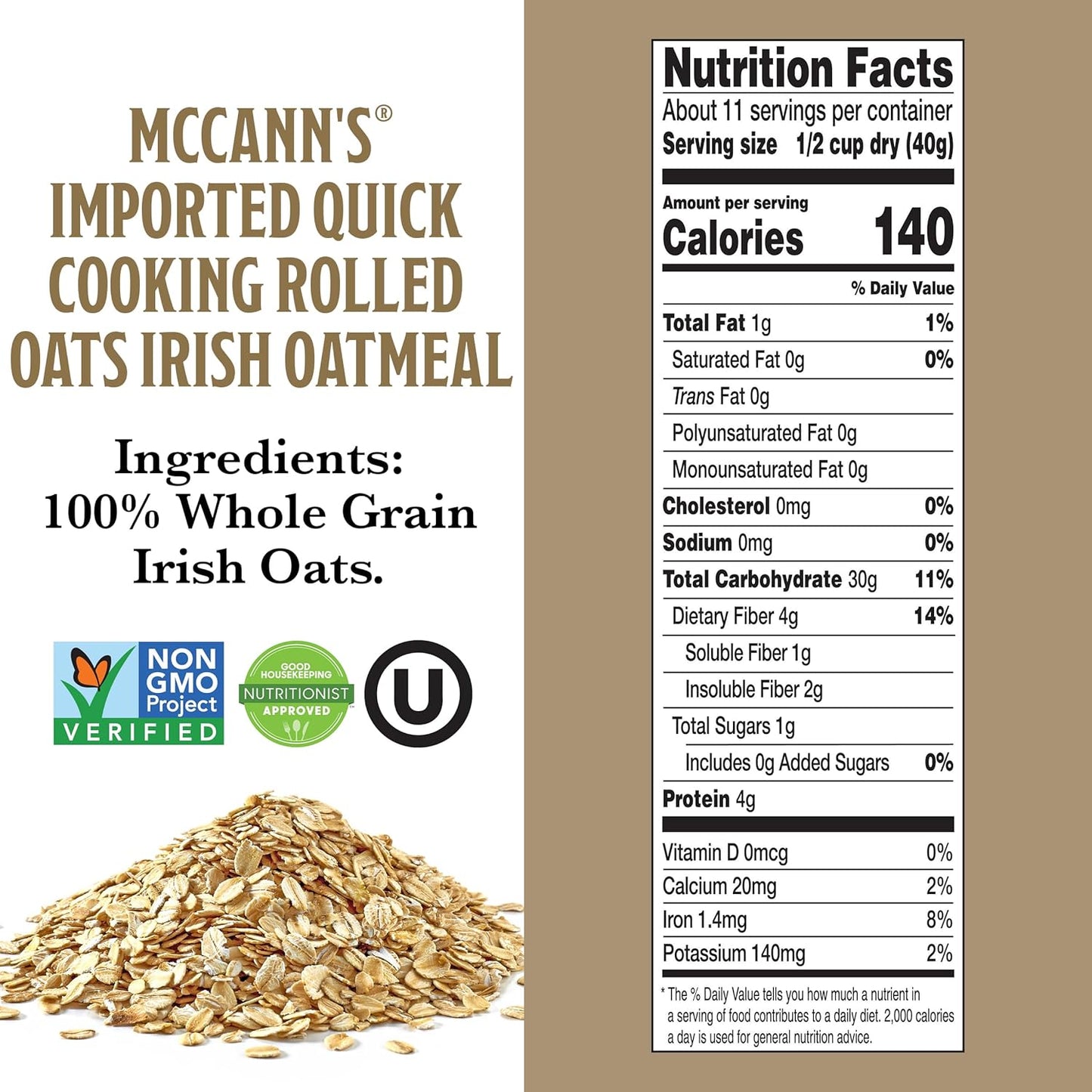 McCann's Quick Cooking Irish Oats 1-Minute Stovetop Breakfast for Busy Home Office Professionals, 16 oz Tin