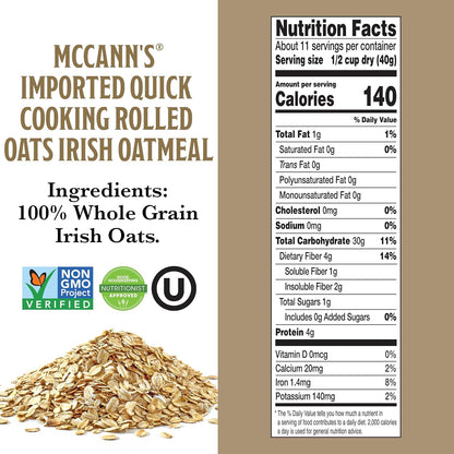 McCann's Quick Cooking Irish Oats 1-Minute Stovetop Breakfast for Busy Home Office Professionals, 16 oz Tin