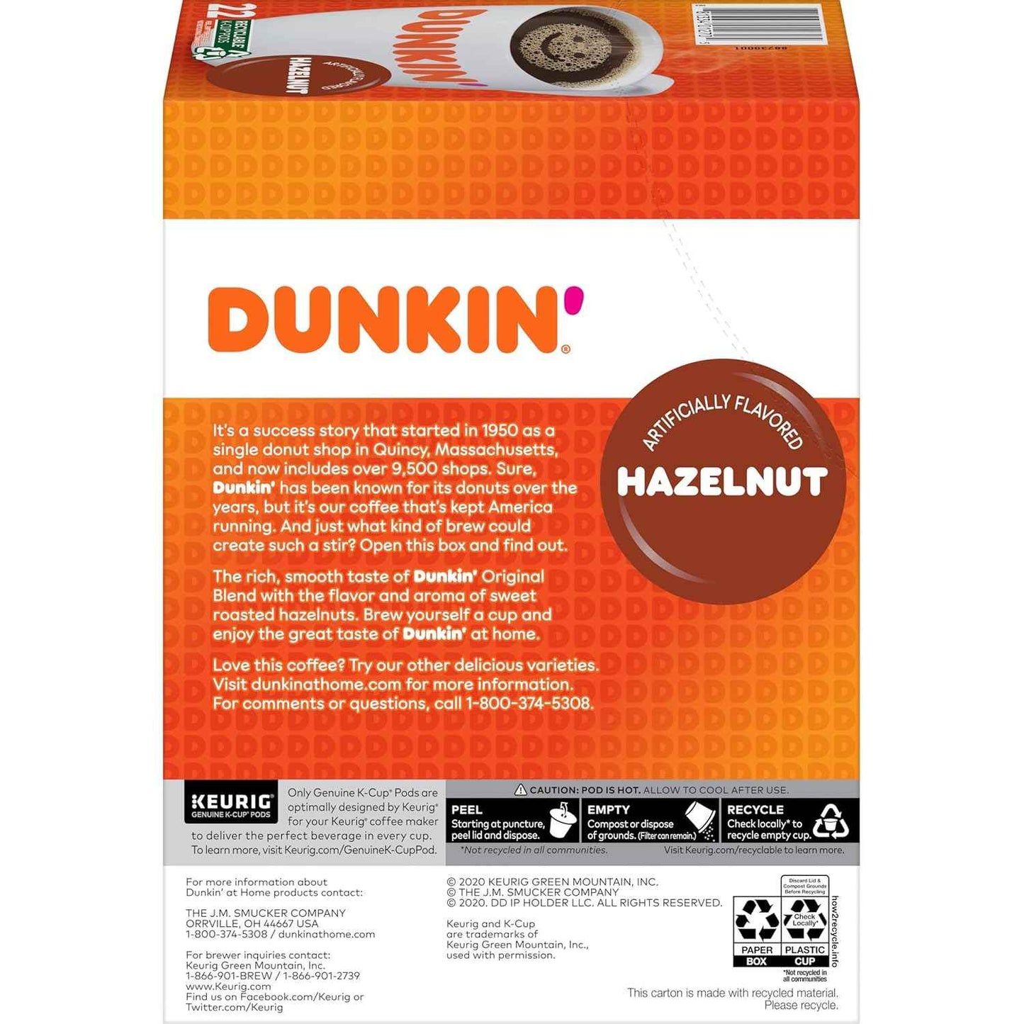 Dunkin' Hazelnut Flavored Keurig K-Cup Pods – Work From Home Productivity Boost, 88 Pod Bulk Pack