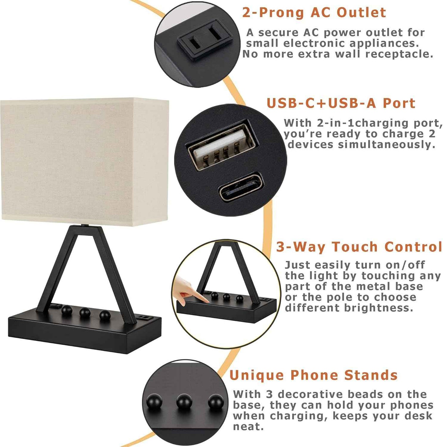 Briever 3-Way Dimmable Bedside Lamp – Thoughtful Housewarming Gift for Women and Men, Nightstand Lamp with USB C Port and AC Outlet