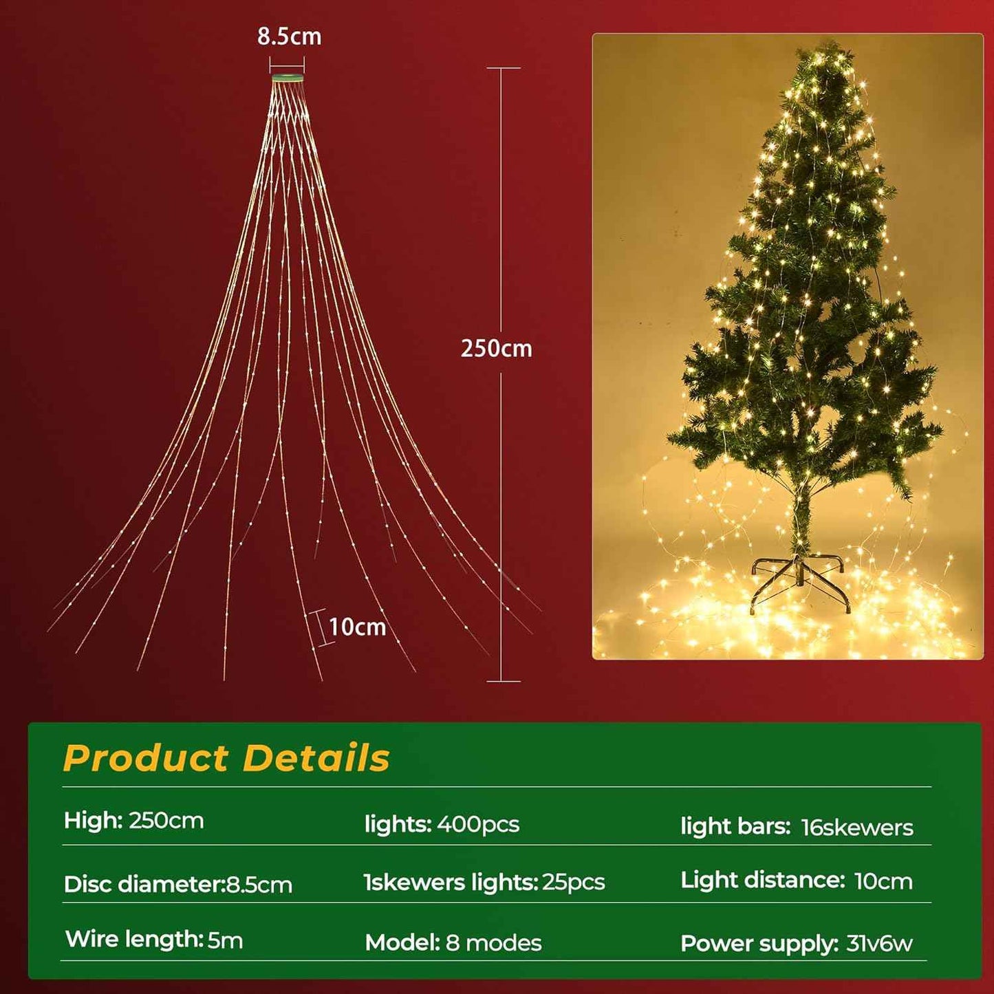 Lumastro Waterproof 400 LED Christmas Tree Lights with 16 Hanging Lines for Patio and Garden Holiday Gatherings