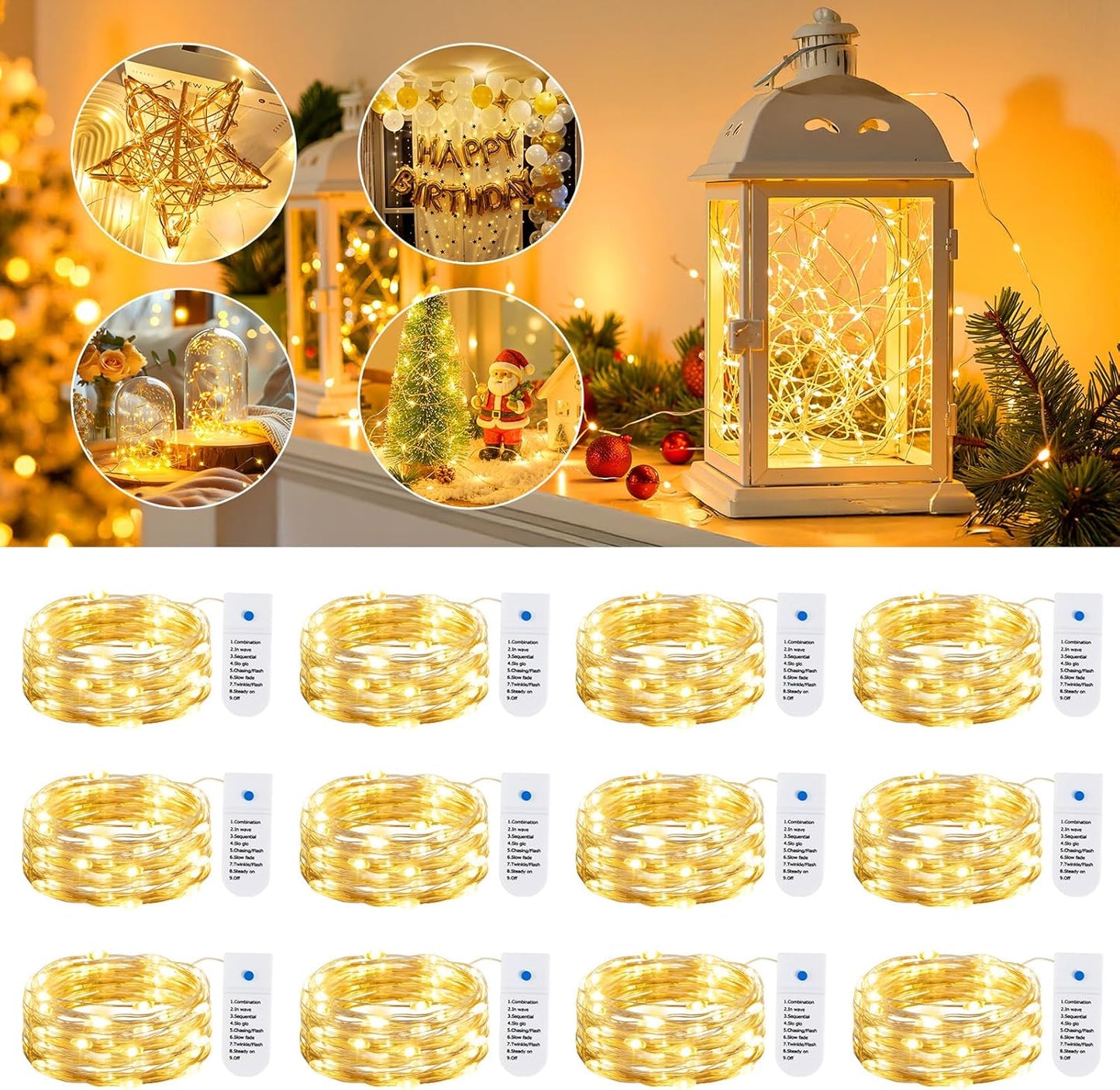 Minetom Fairy Lights 12 Pack – Cozy Bedroom Decor and Living Room Ambient Lighting, 7ft 20LED Silver Wire String Lights with Timer