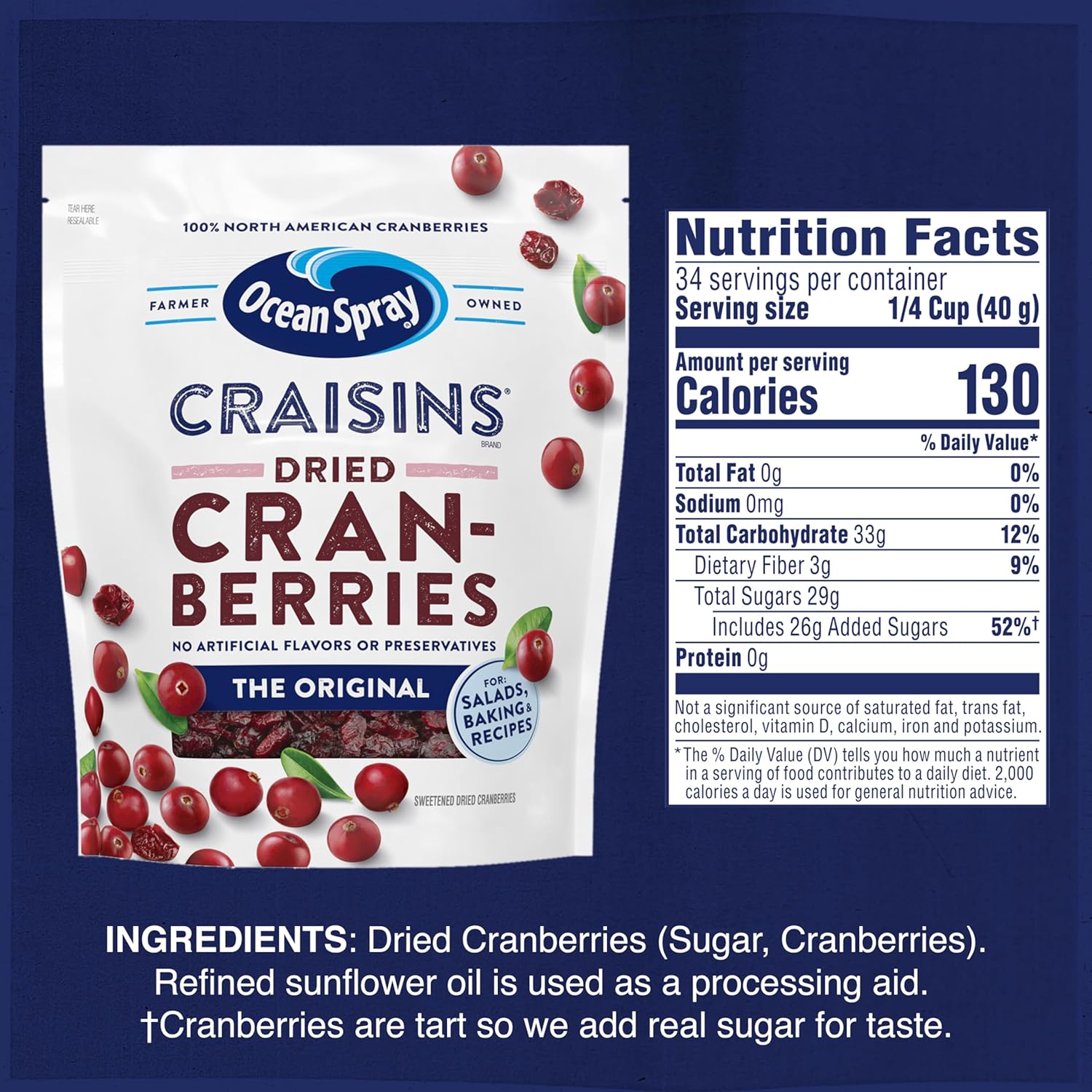 minimal ingredient list: cranberries and sugar with sunflower oil processing aid