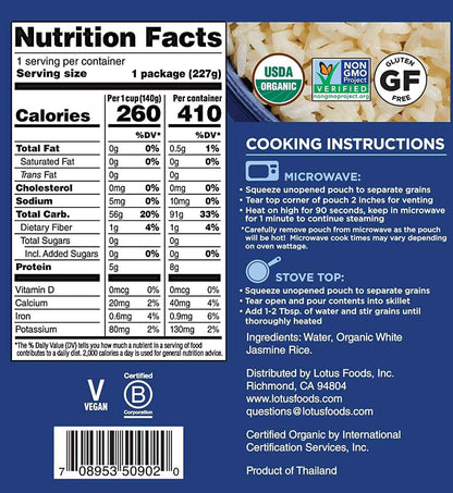 Lotus Foods Organic White Jasmine Rice 8 oz – One-Ingredient Pantry Essential for Minimalist Kitchens