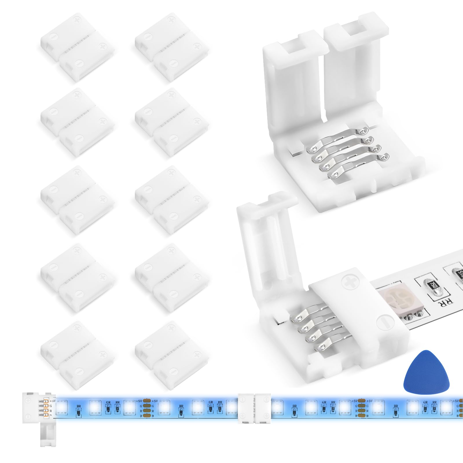 MISSOURI 10-Pack L-Shape LED Connectors – Clean Solderless 4-Pin Adapters for Uncluttered RGB Strip Layouts, 10mm SMD Compatible