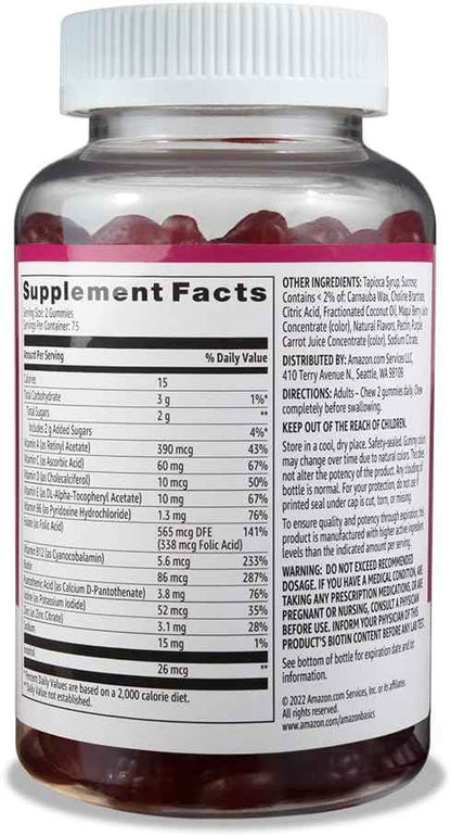 Amazon Basics Mixed Berry & Cherry Adult Multivitamin Gummies – 150 Ct, 75-Day Housewarming Gift for the New Home Supplement Shelf
