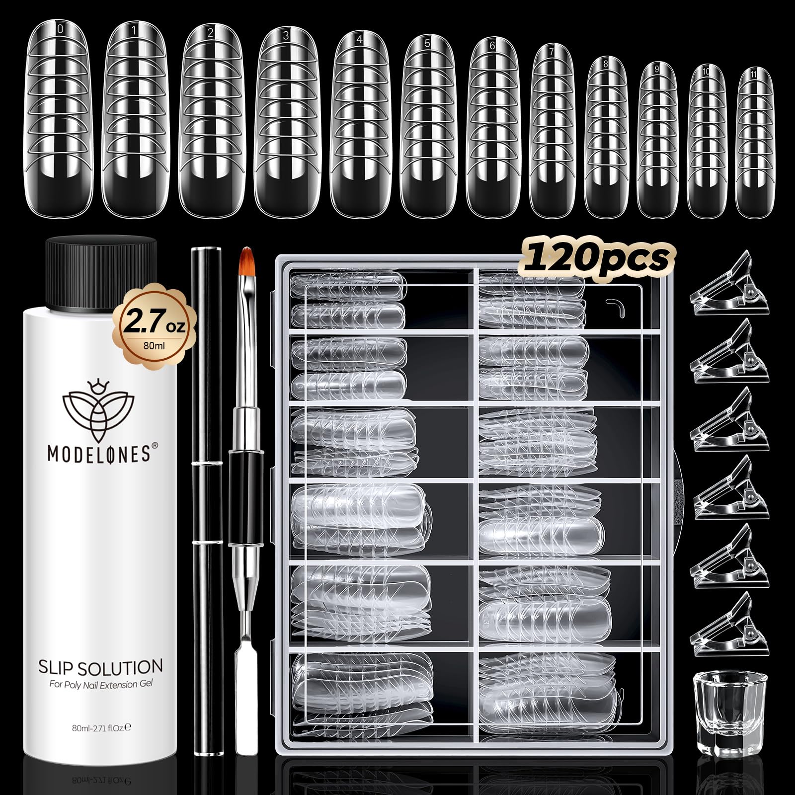 modelones Slip Solution for Poly Gel, 2.8oz Anti-Stick Liquid for Poly Gel with 120Pcs Flat Dual Nail Forms Nail Tips Clips Kit