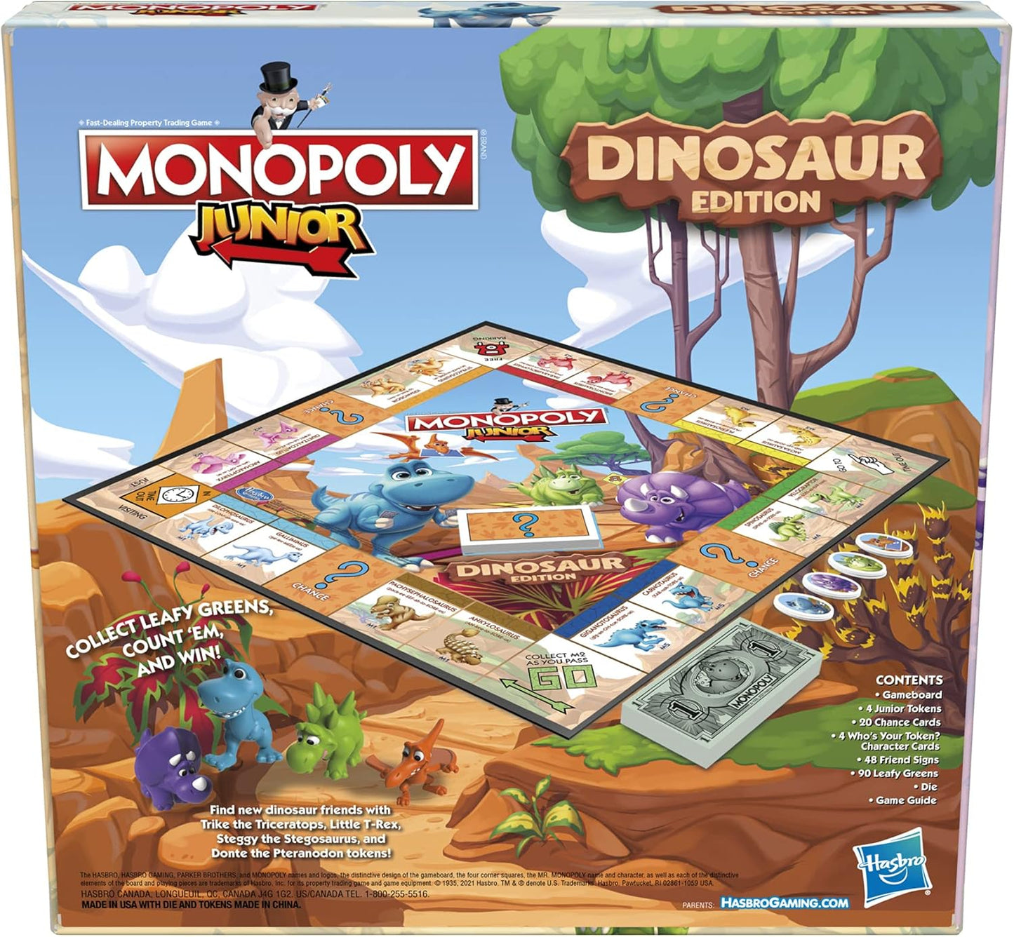 Monopoly Junior Dinosaur Edition Board Game for Kids Ages 5-8, Family Playroom Activity with 4 Dino Toy Tokens