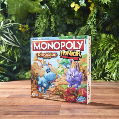 Monopoly Junior Dinosaur Edition Board Game for Kids Ages 5-8, Family Playroom Activity with 4 Dino Toy Tokens