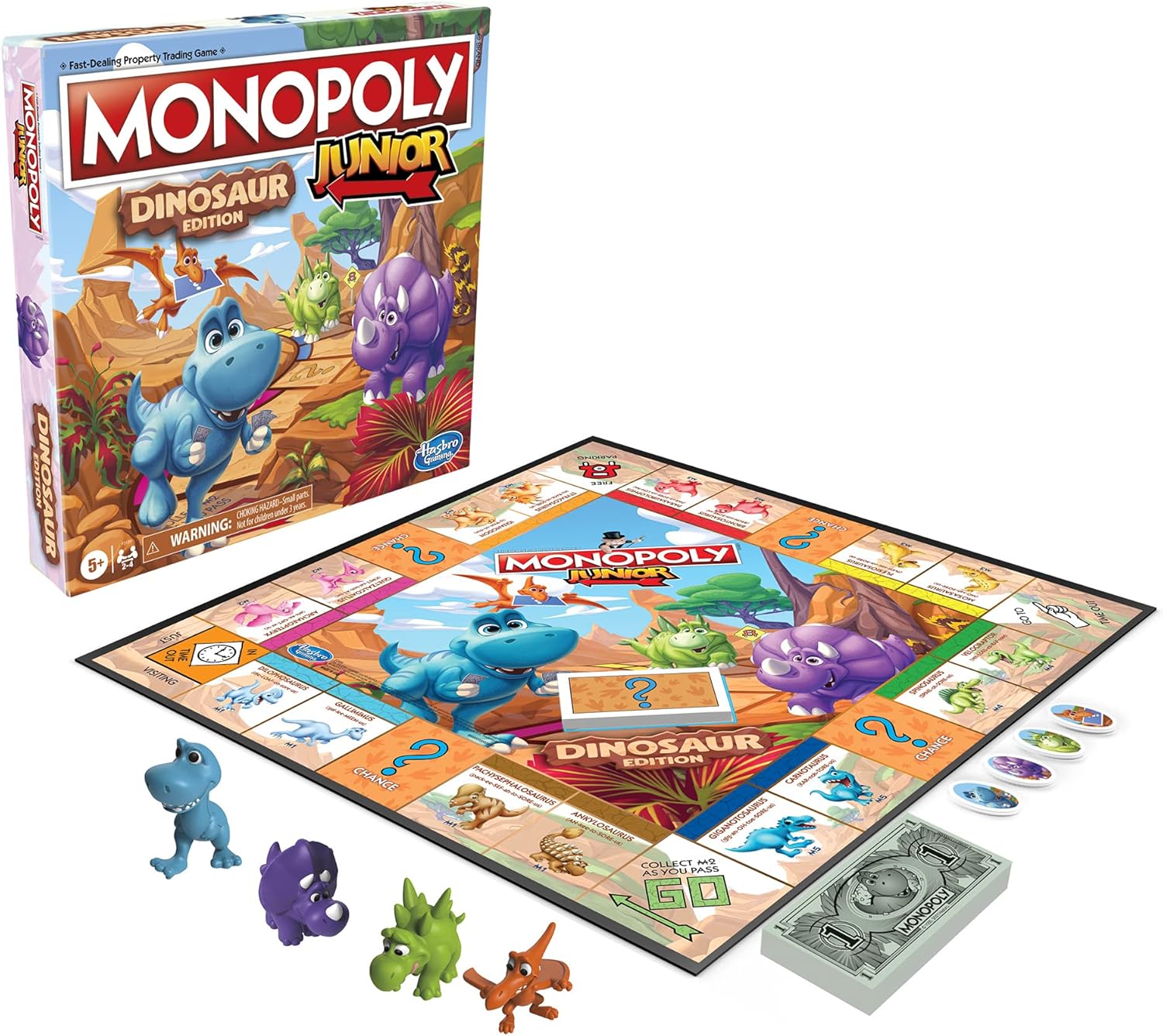 Monopoly Junior Dinosaur Edition Board Game for Kids Ages 5-8, Family Playroom Activity with 4 Dino Toy Tokens