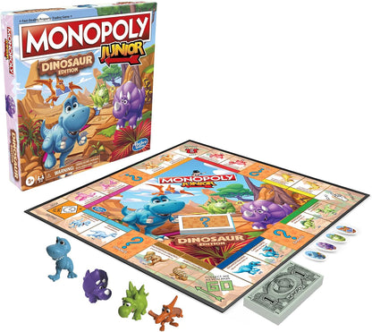 Monopoly Junior Dinosaur Edition Board Game for Kids Ages 5-8, Family Playroom Activity with 4 Dino Toy Tokens