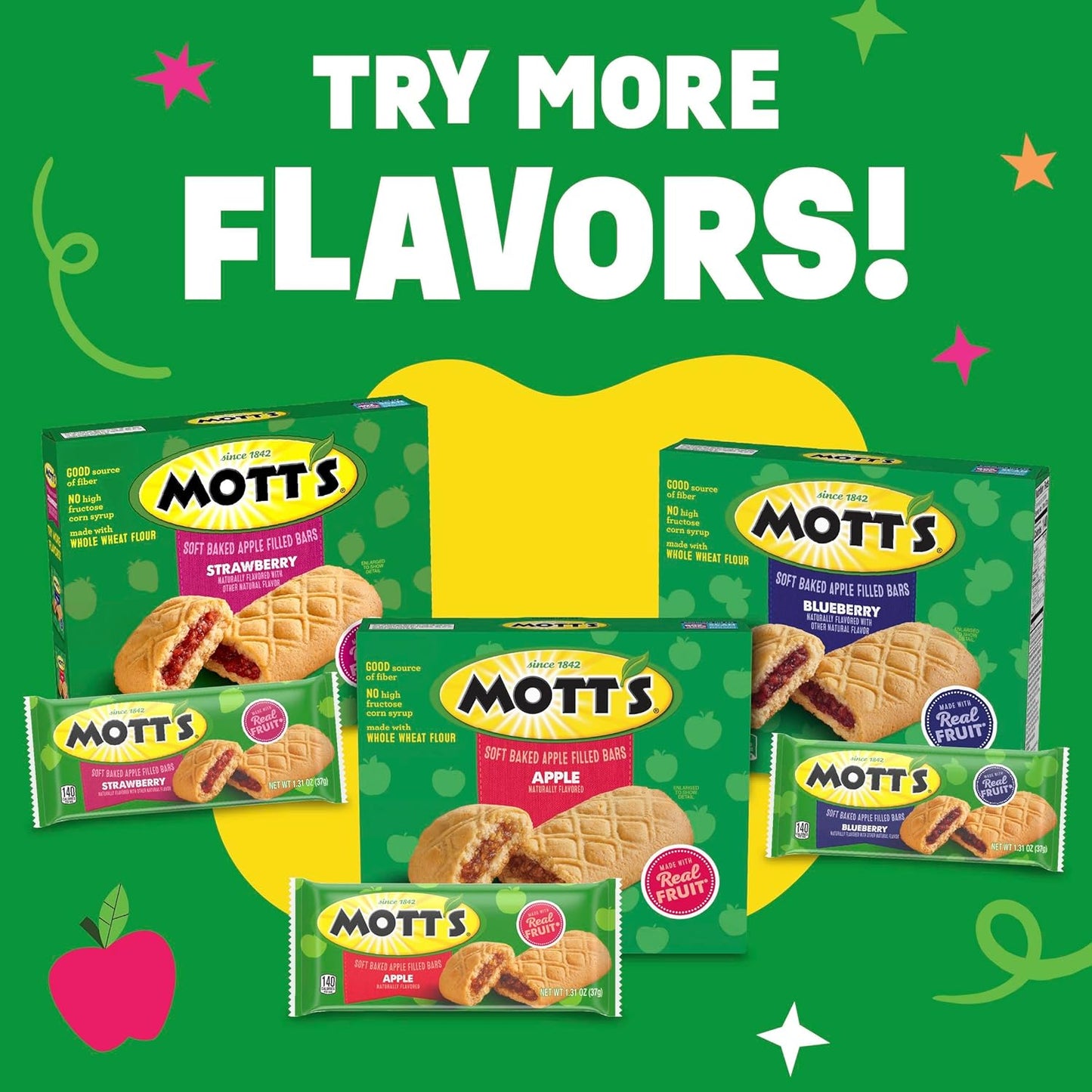 Mott's Soft Baked Apple Filled Bars – Real Fruit Lunchbox Snack for Kids, 5 Count Variety Pack