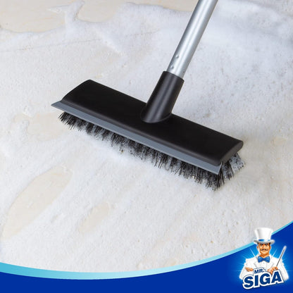 MR.SIGA 2-in-1 Scrub and Squeegee Brush with Long Handle for Back-Saving Bathroom Floor Care