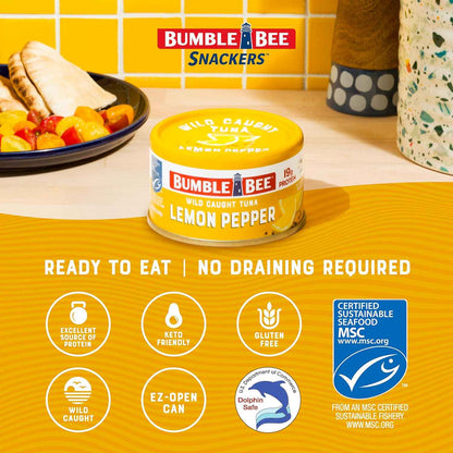 Bumble Bee Snackers Lemon Pepper Tuna – Desk Lunch Protein for Busy Office Professionals, 19g Ready-to-Eat Snack