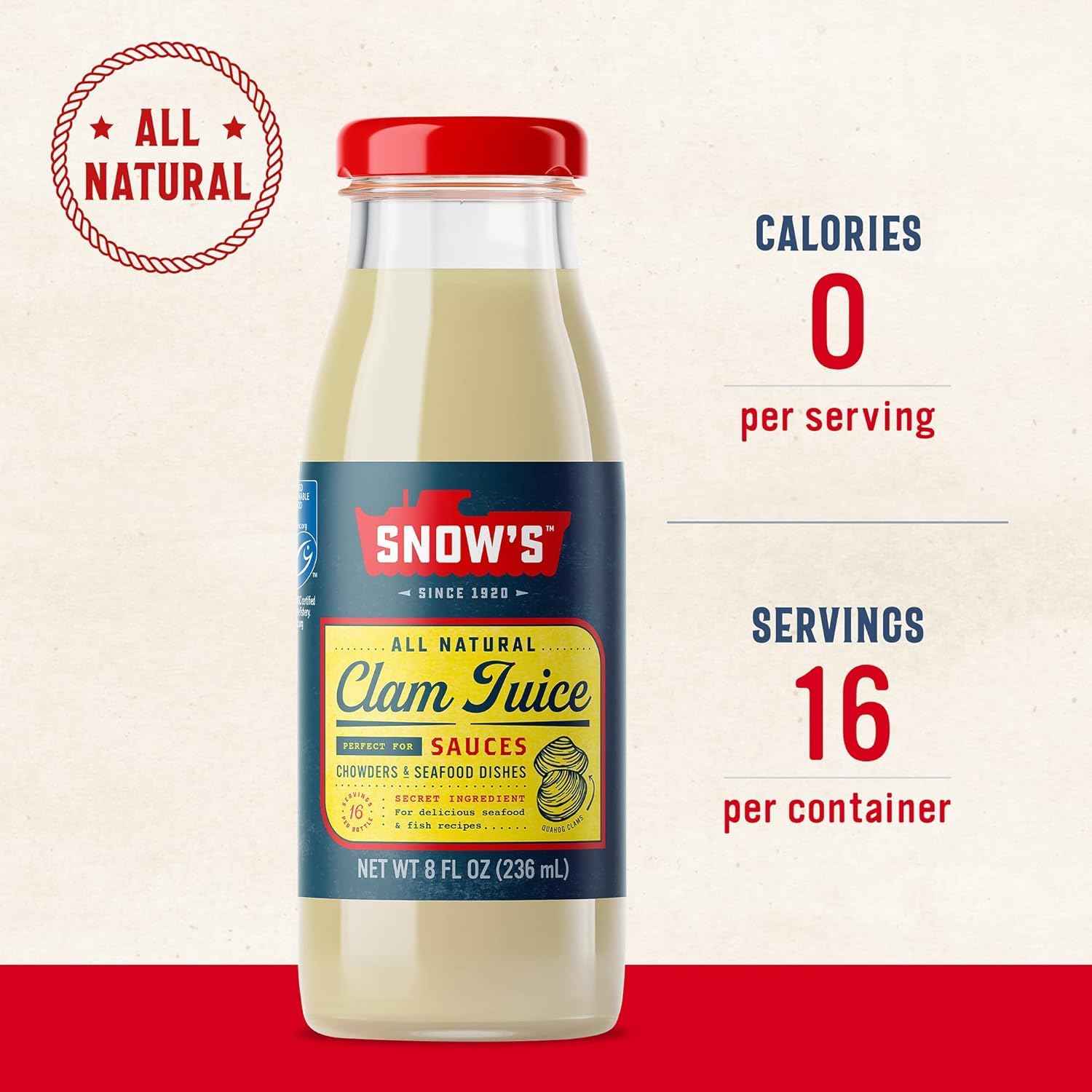 Snow's All Natural Clam Juice, 8 fl oz Bottle - Thoughtful Gourmet Gift for Home Cooks & Seafood Lovers
