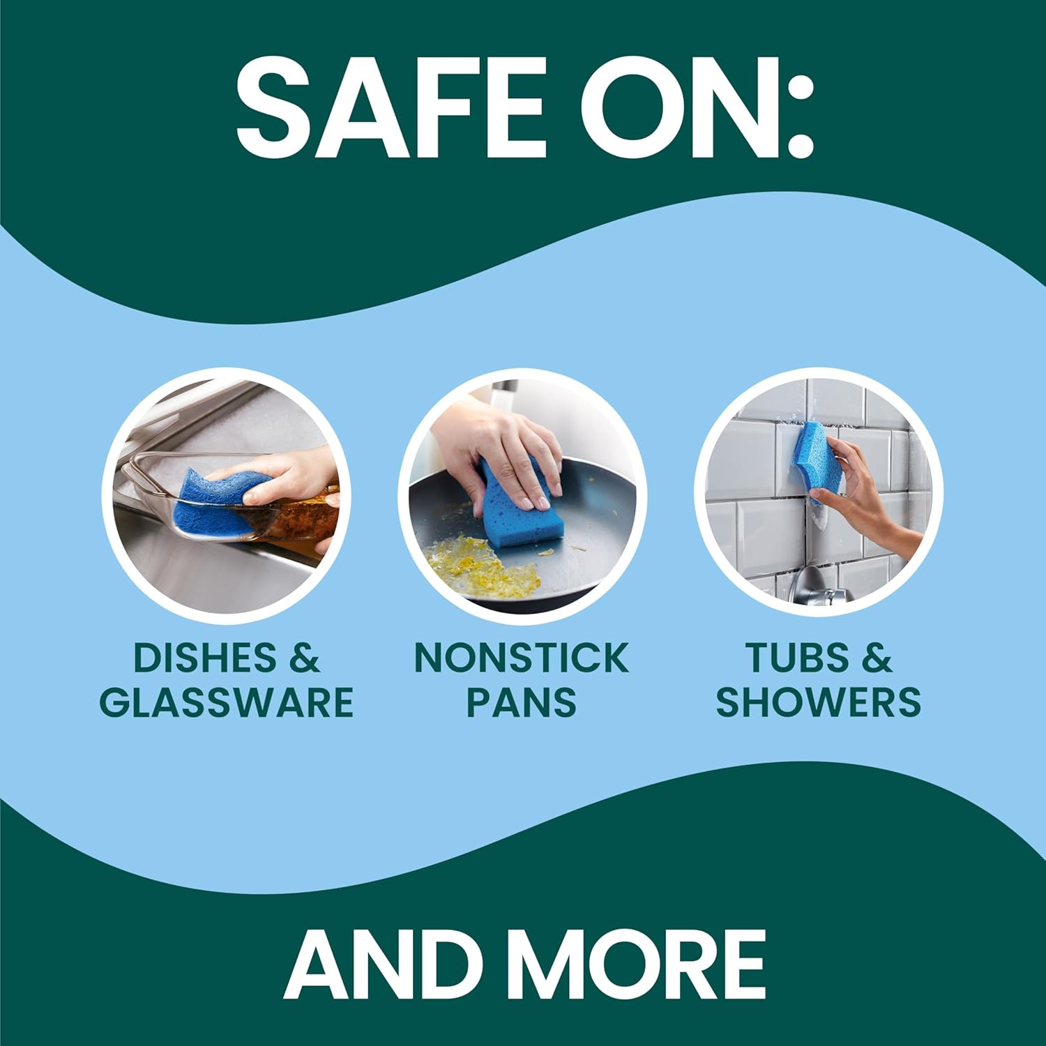 multi-surface compatibility for nonstick cookware, glass, countertops, tubs, and showers