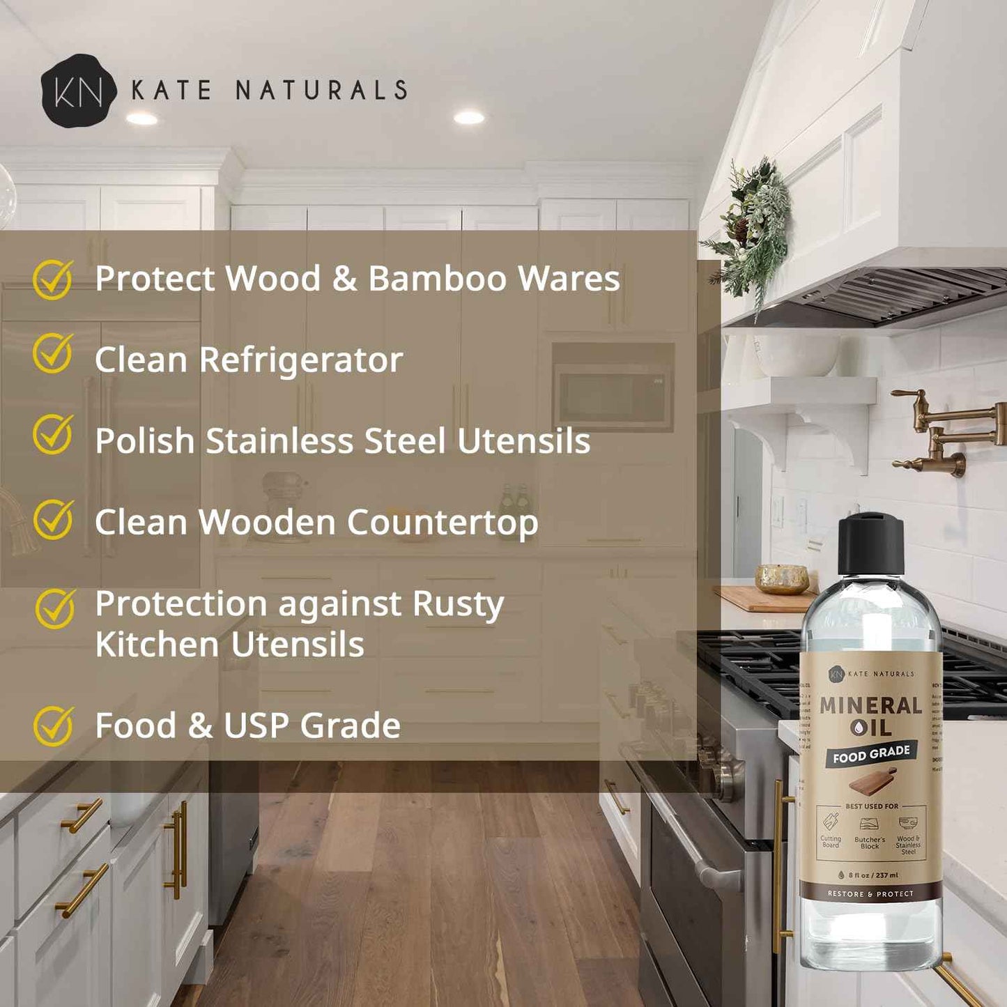 Kate Naturals Mineral Oil for Wood & Stone Surfaces – Butcher Block Countertop Sealer for a Polished Kitchen Aesthetic