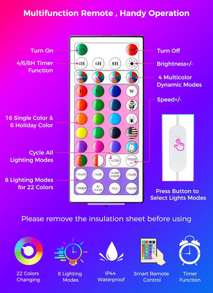 multifunction remote with 5 brightness levels, 5 speed levels, and 4/6/8-hour timer