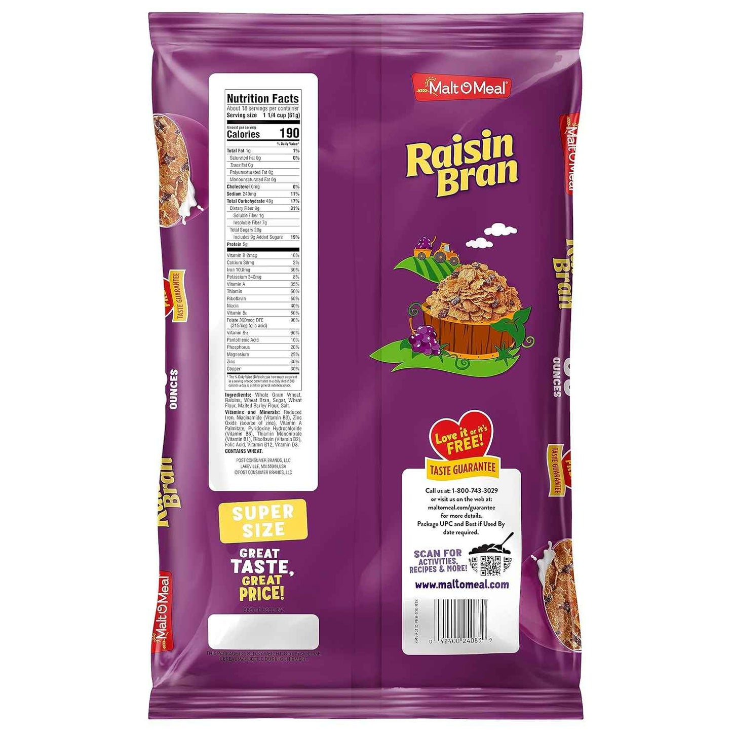 Malt-O-Meal Raisin Bran Cereal – Kid-Friendly High-Fiber Breakfast for the Family Table, 39 OZ Resealable Bag