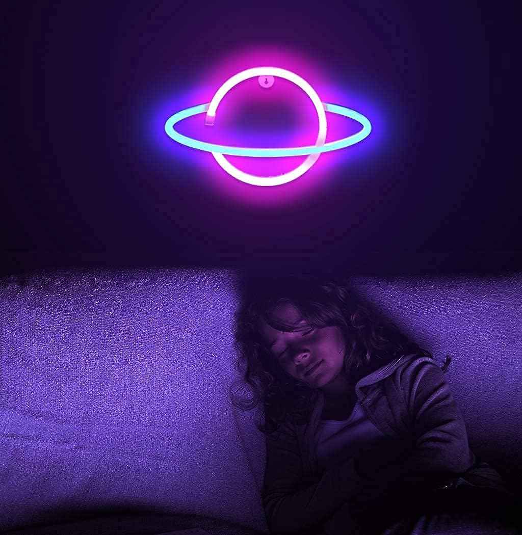 Lumoonosity Saturn Neon Sign - Blue Pink LED Wall Light for Bedroom Aesthetic, Planet Shaped Room Decor with USB Power and On/Off Switch