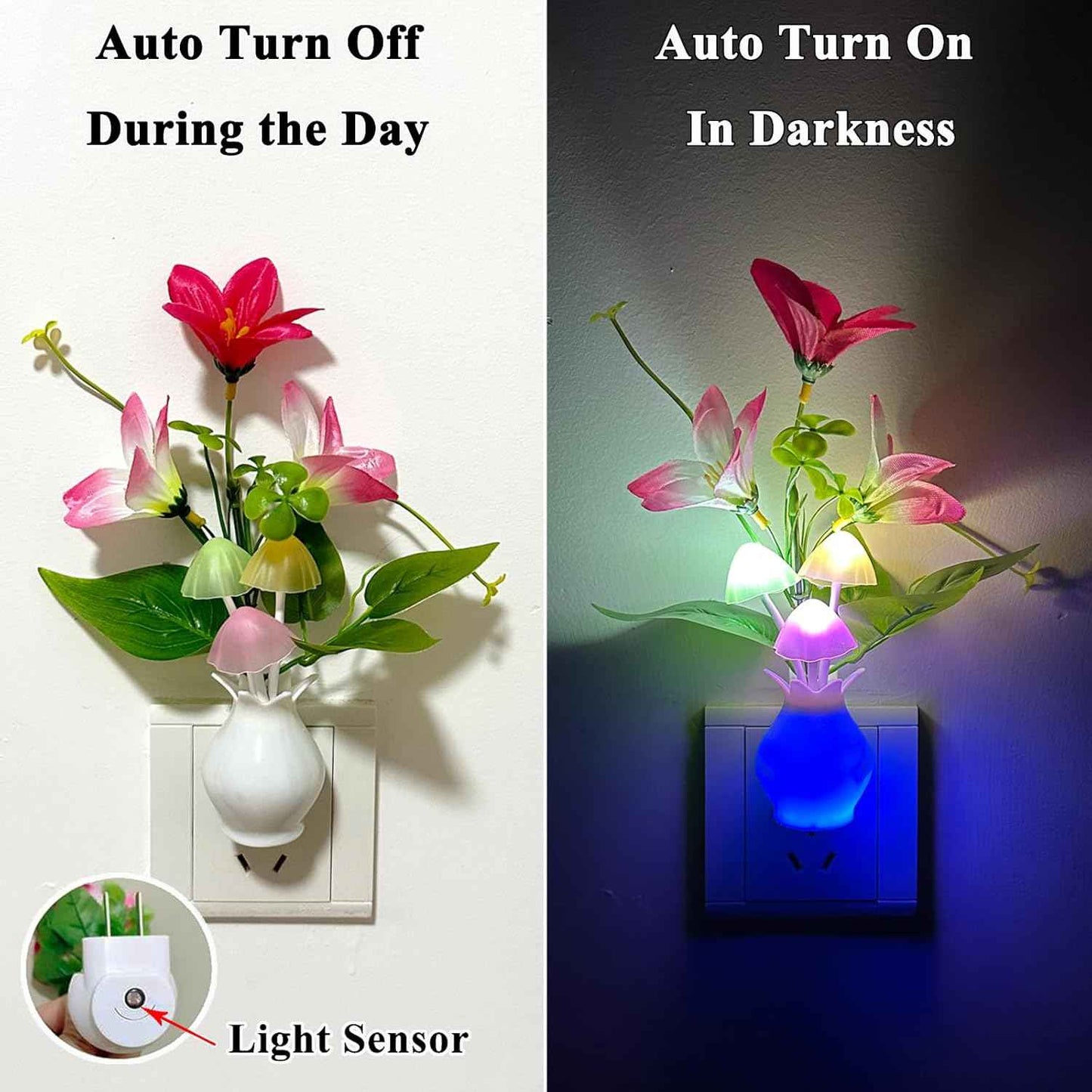 MushroomBloom Decorative Plug-in Night Light – Mushroom and Lily Flower Accent Lamp for Bedroom and Living Room