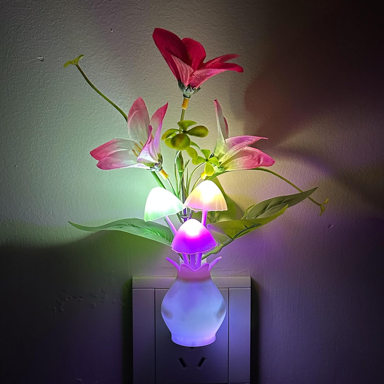 MushroomBloom Decorative Plug-in Night Light – Mushroom and Lily Flower Accent Lamp for Bedroom and Living Room