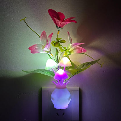 MushroomBloom Decorative Plug-in Night Light – Mushroom and Lily Flower Accent Lamp for Bedroom and Living Room