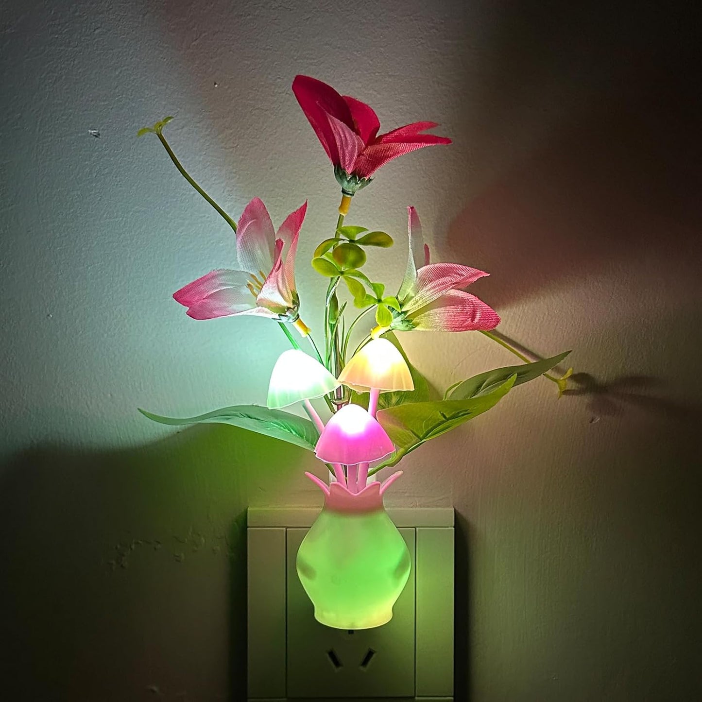 MushroomBloom Decorative Plug-in Night Light – Mushroom and Lily Flower Accent Lamp for Bedroom and Living Room