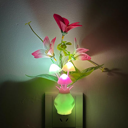 MushroomBloom Decorative Plug-in Night Light – Mushroom and Lily Flower Accent Lamp for Bedroom and Living Room