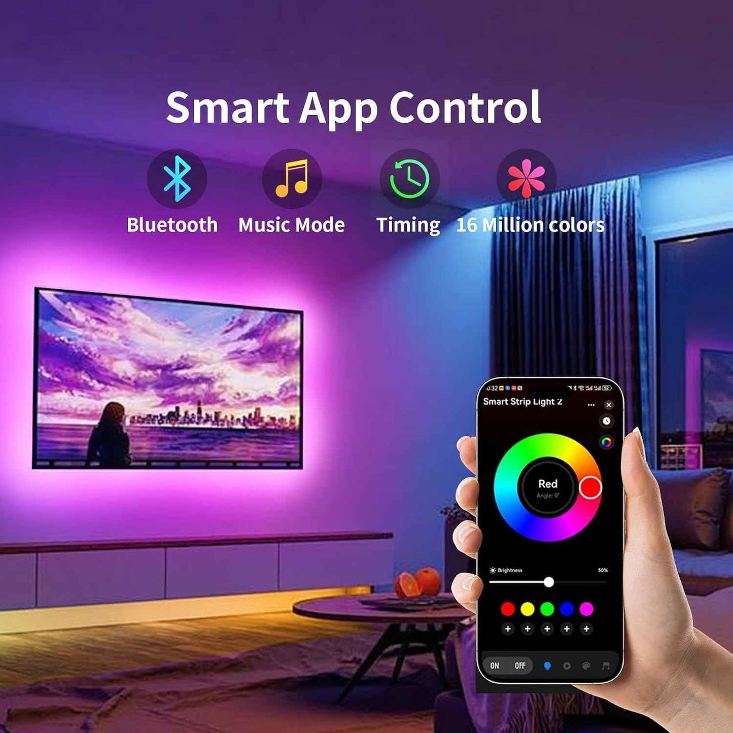 KSIPZE RGB LED Strip Lights for TV – Living Room Backlight for 32"–75" TVs, Music Sync Ambient Decor