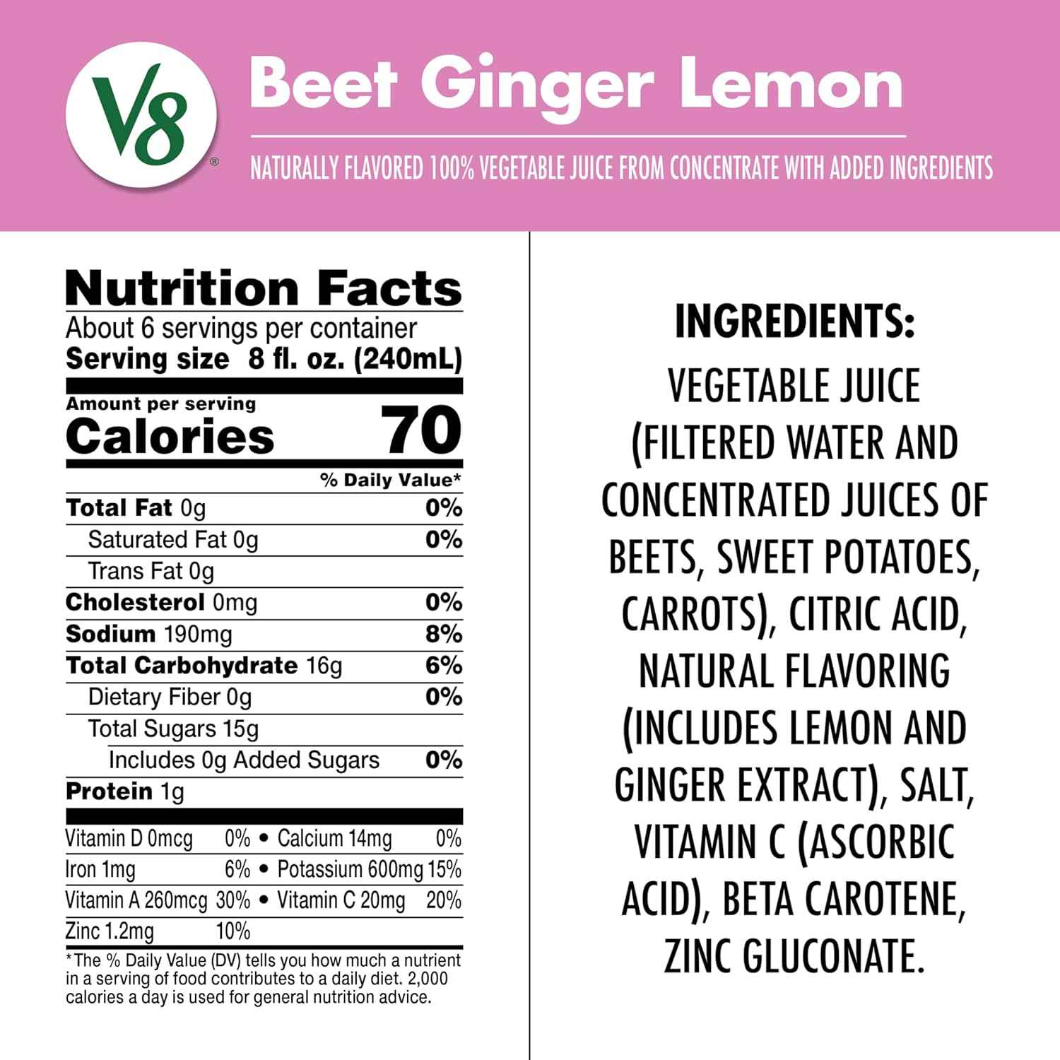 V8 Beet Ginger Lemon 100% Vegetable Juice – Family-Friendly Veggie Serving for Picky Eaters, 46 fl oz
