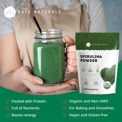 Kate Naturals Organic Spirulina Powder – Morning Wellness Ritual for Daily Nutrient Boost, 8 oz USDA Certified