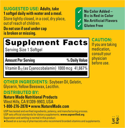 Nature Made Vitamin B12 1000 mcg – On-the-Go Energy Metabolism Support for Travel and Commute Routines, 150 Softgels