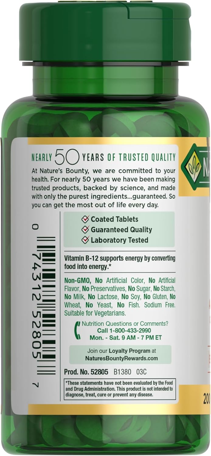 Nature's Bounty Vitamin B12 1000 mcg – Non-GMO Vegetarian Supplement for Clutter-Free Counters