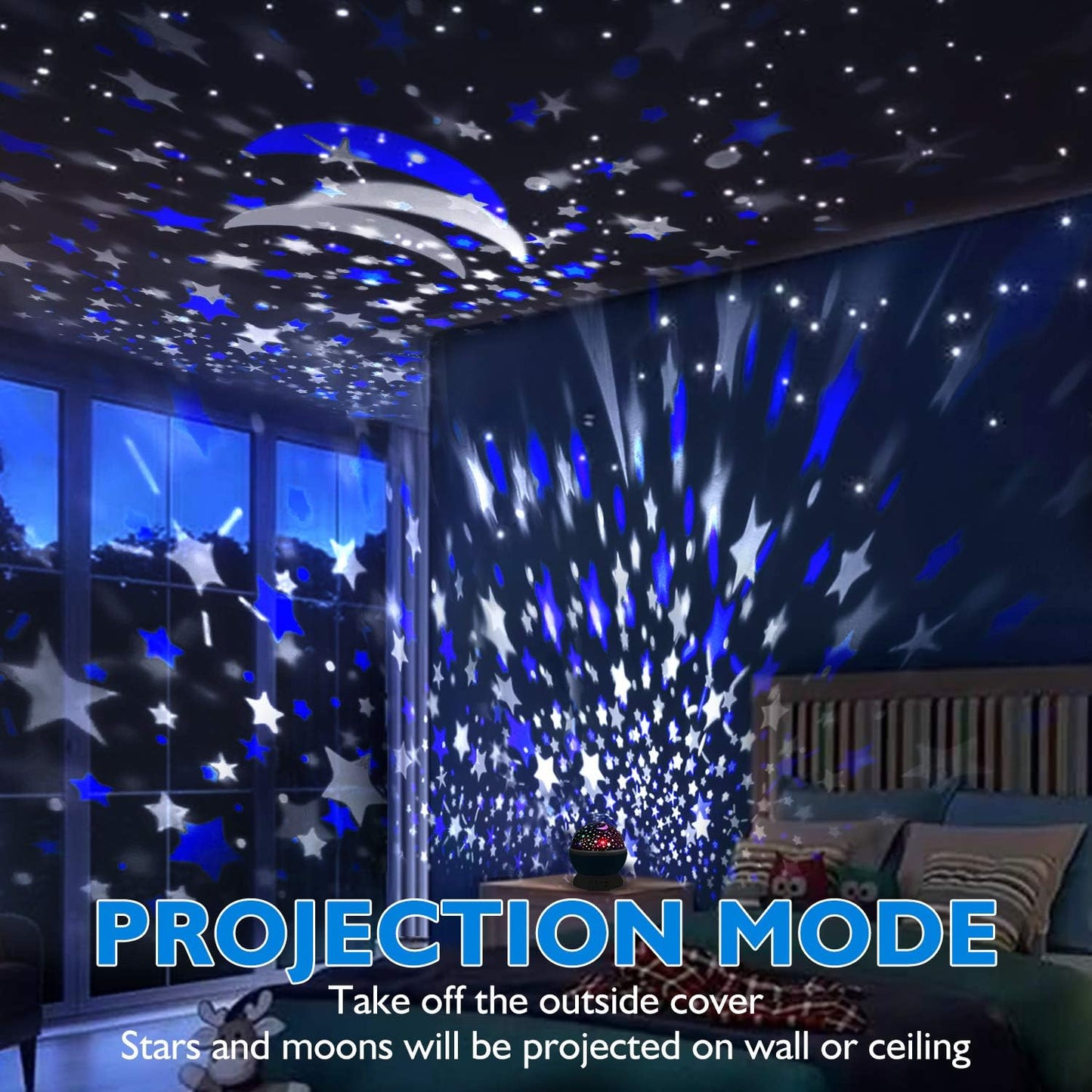 nine adjustable projection light effects controlled by three-button interface