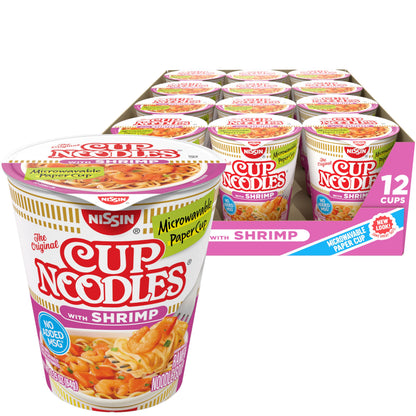 Nissin Cup Noodles Soup, Shrimp Flavor, Microwaveable Paper Cups, Instant Ramen, 2.25 Ounce (Pack of 12)