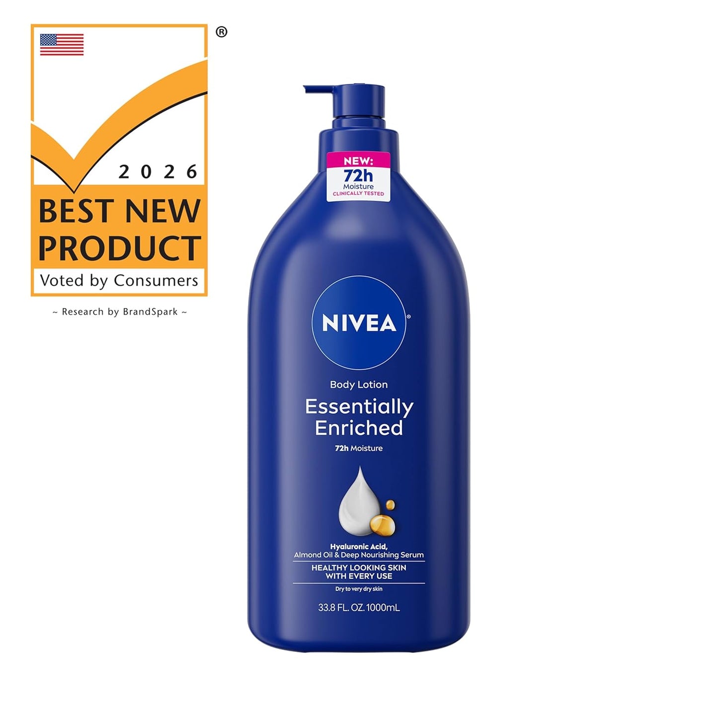 NIVEA Essentially Enriched Body Lotion for Very Dry Skin, Clean 33.8 Fl Oz Pump Bottle for a Clutter-Free Bathroom Counter, 72-Hour Hydration