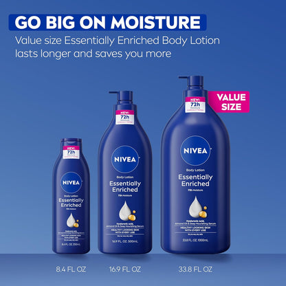 NIVEA Essentially Enriched Body Lotion for Very Dry Skin, Clean 33.8 Fl Oz Pump Bottle for a Clutter-Free Bathroom Counter, 72-Hour Hydration