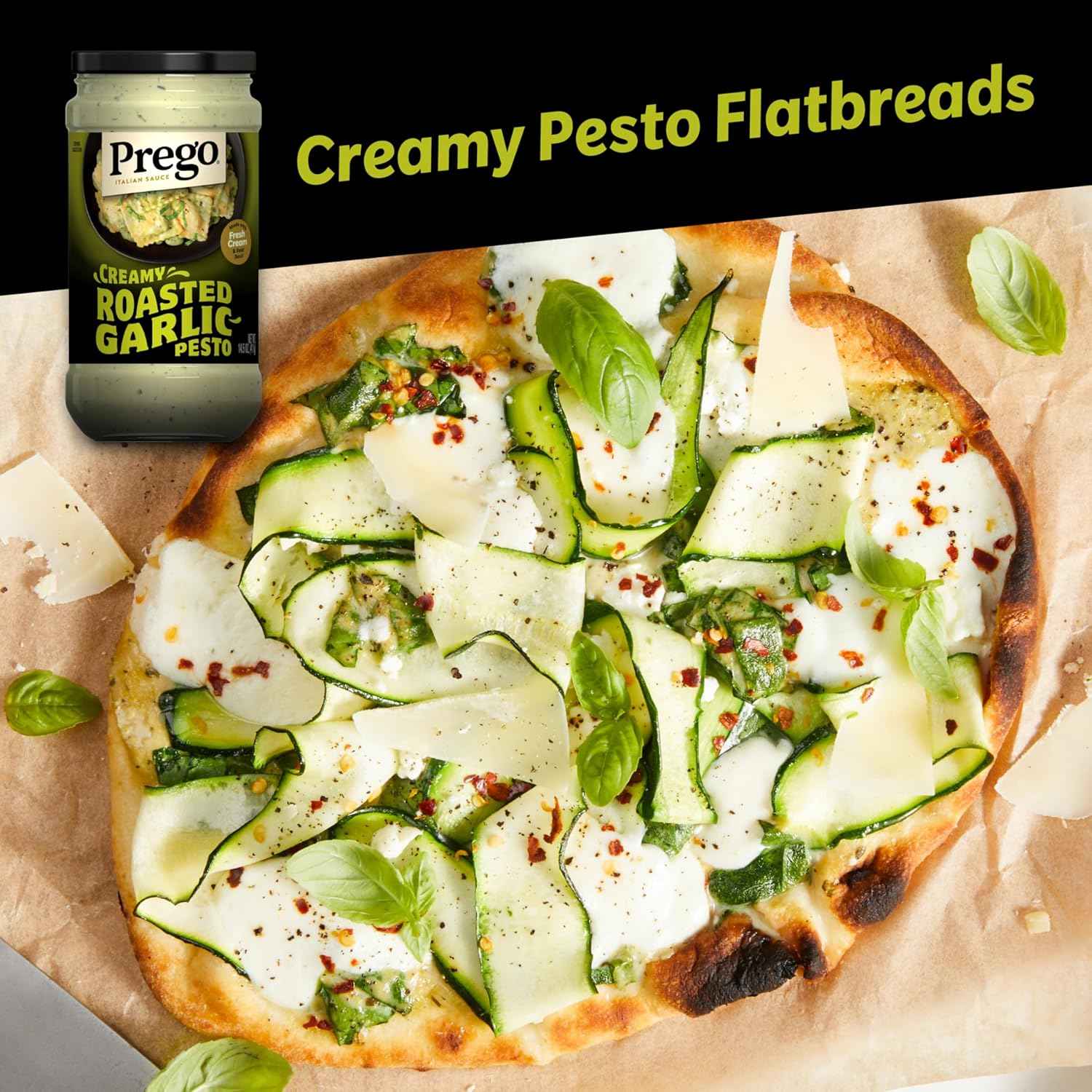 Prego Creamy Roasted Garlic Pesto – Nut-Free Family Pasta Sauce for Kid-Friendly Dinners, 14.5 oz Jar