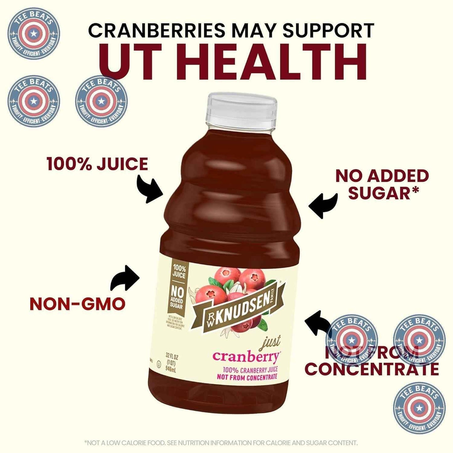 R.W. Knudsen Cranberry Juice Not from Concentrate – 32 fl oz No Added Sugar Lunchbox Drink for Kids
