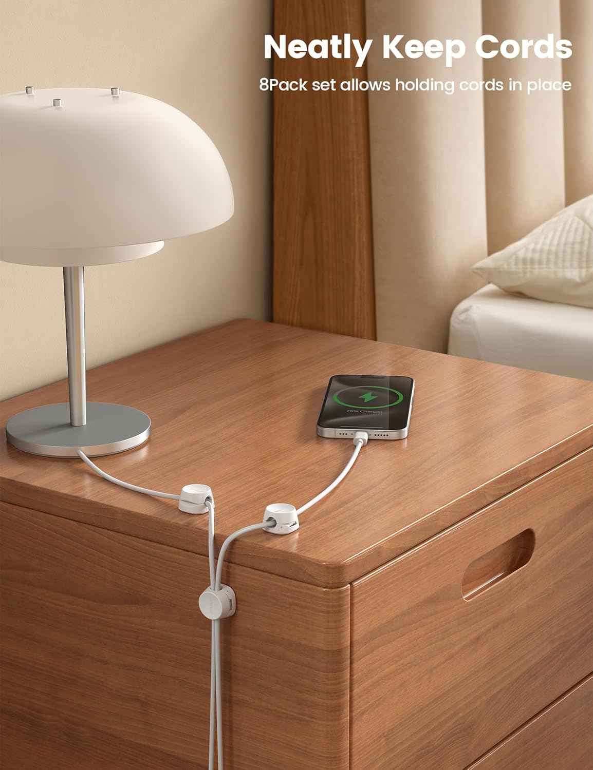 Lamicall 1s Lock Cord Organizer - Practical Housewarming Gift for Him and Her, Adhesive Spring Cable Clips, 8-Pack, White