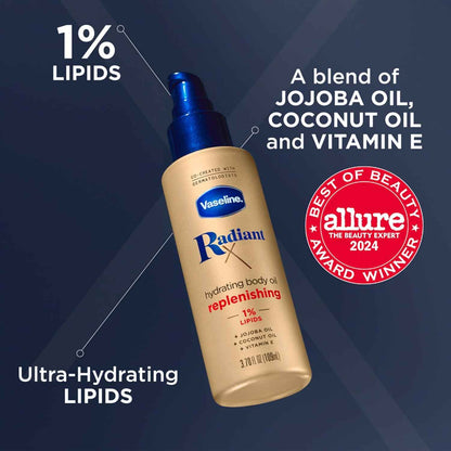 Vaseline Radiant X Hydrating Body Oil for Self-Care Nighttime Routine, Jojoba Coconut Vitamin E Spray