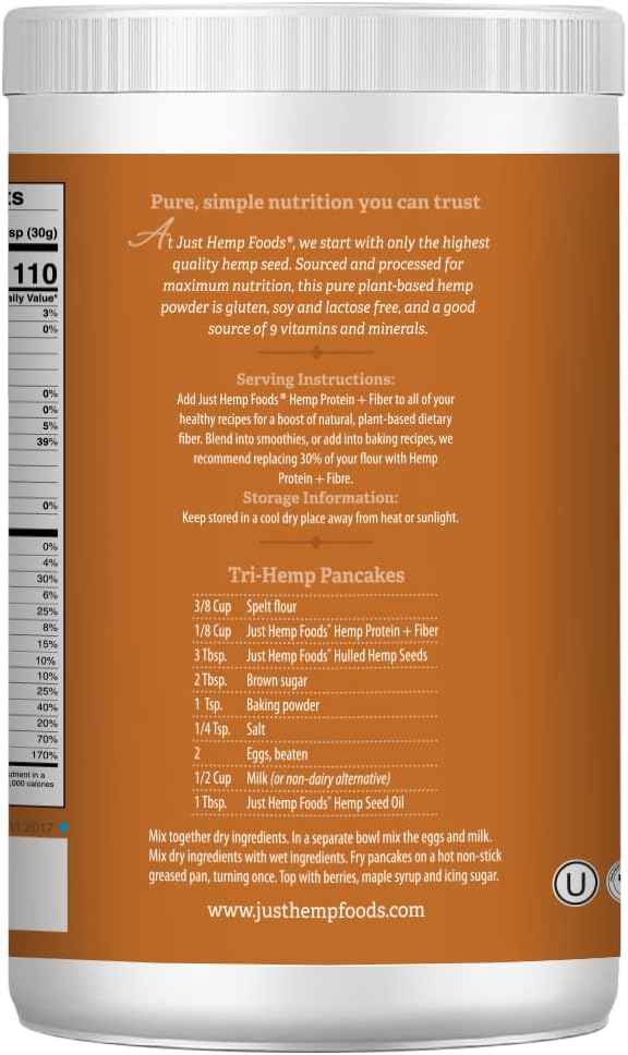 Just Hemp Foods Hemp Protein Powder Plus Fiber – Quick Plant Protein for Home Office Smoothie Breaks, 16 oz