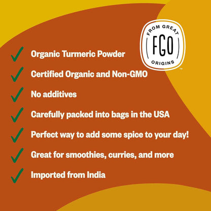 FGO Organic Turmeric Powder – Clean-Label Supplement Spice for Holistic Wellness Routines, Resealable 8oz Pouch