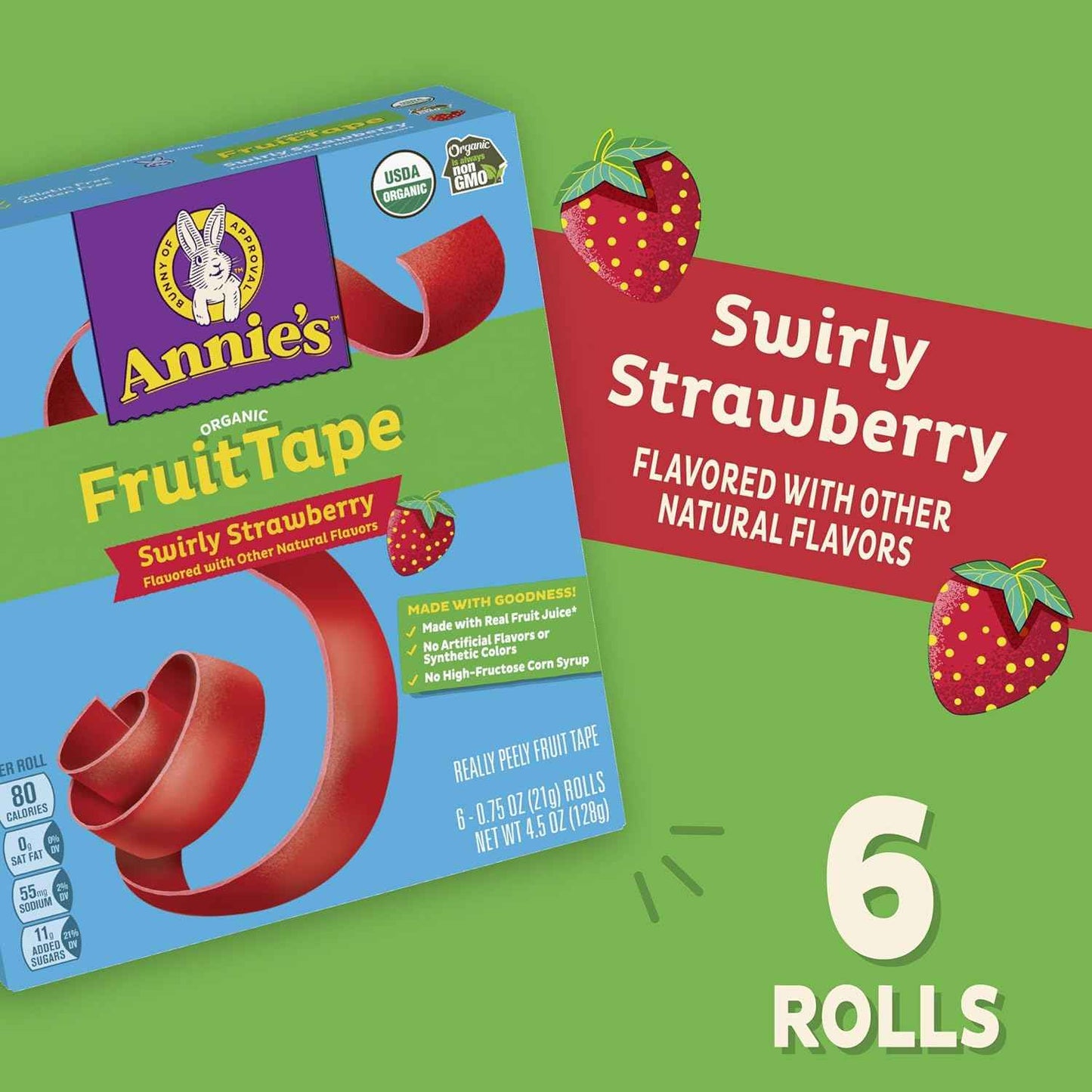 Annie's Organic Fruit Tape Swirly Strawberry – Holiday Stocking Stuffer Snack for Families, 6 Rolls